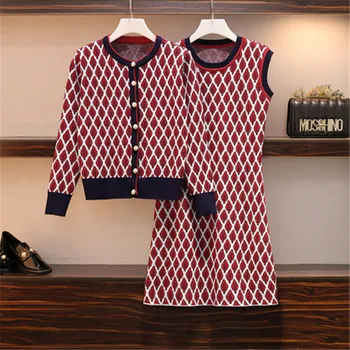 

2020 Spring Autumn Small Fragrance Dress Suit foreign Style Large Size Knitted Cardigan Shows Thin Two Piece Set Plus Size