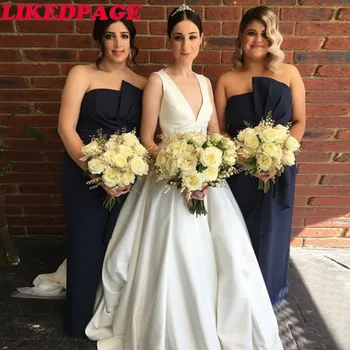 

LIKEDPAGE 2020 Simple whiteWedding Dresses Deep V Neck Hollow Back Sweep Train Country Garden Bridal Gowns vestidos de novia