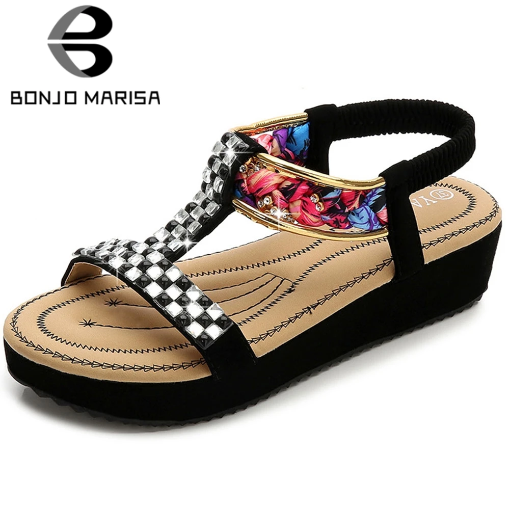 

BONJOMARISA Hot Sale Ladies Summer Fashion Colored Print Flat Sandals Comfort Med Wedges Sandals Women Split Leather Shoes Woman