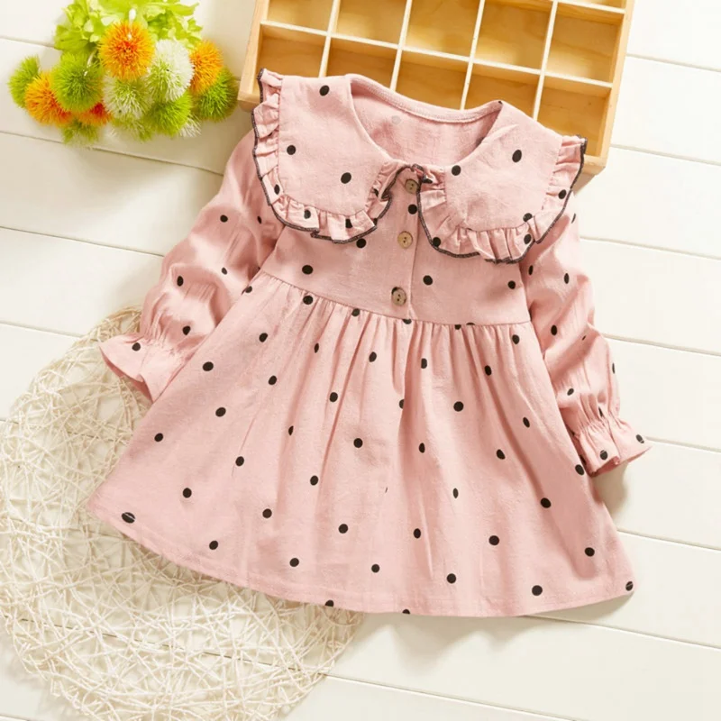 

Baby Girls Dresses Autumn Casual Children's Wear Girl Toddler Fashion Doll Collar Dot Printed Long Sleeve Sweet Princess Dress