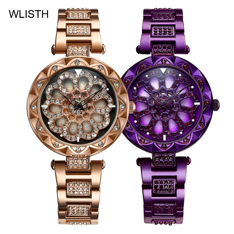 

New Fashion Quartz Watch Women Gorgeous Diamond Starry 360 Degree Rotating Hollow Dial Korean Style Waterproof Watch Female