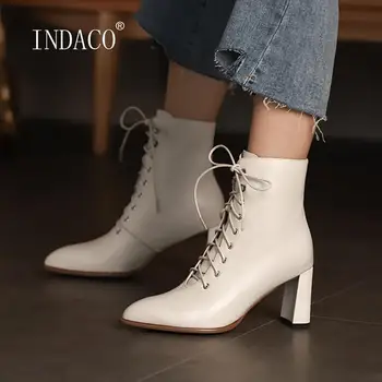

Women Winter Boots High Heels Leather Pointed Toe Boots Off White Lace Up Ankle Boots For Women Warm Shoes