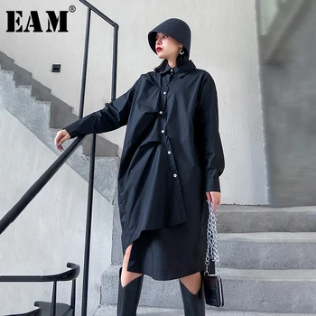 

[EAM] Women Black Asymmetrical Pleated Big Size Shirt Dress New Lapel Long Sleeve Loose Fit Fashion Spring Autumn 2020 1N802