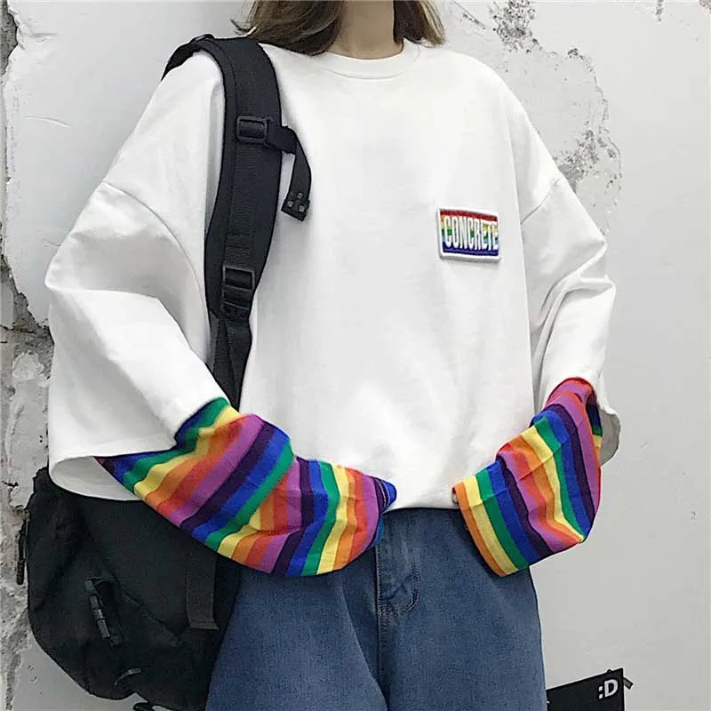 NiceMix Harajuku футболка Женская Лоскутная мультяшная печать буквы комиксы Свободная рубашка с длинным рукавом женская уличная orversize футболка