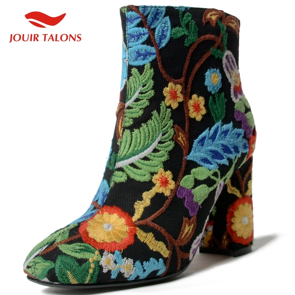 

JOUIR 2020 Fashion New Hot Embroidery INS Hot Shoes Woman Boots Female Chunky Heels Zip Up Mix Color Ankle Boots Women Shoes