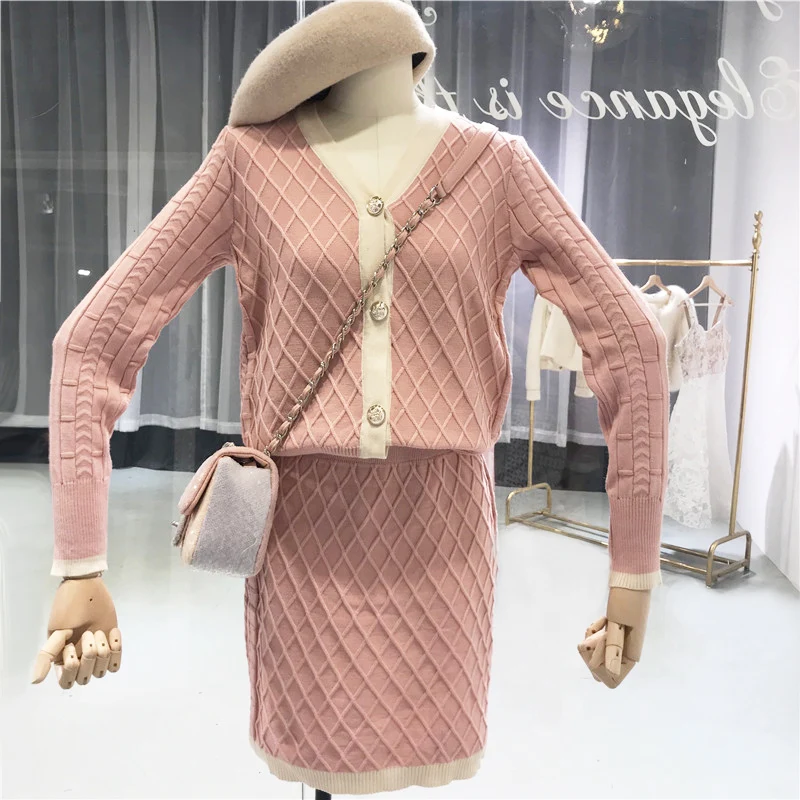 

Women Knit Cardigan Sweaters Skirts Sets V Neck Solid Plaid Woman Casual OL Skirt Costumes Suits