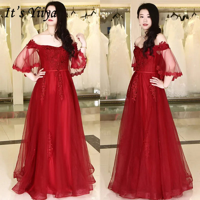

It's Yiiya Evening Gown Burgundy Boat Neck Plus Size Off Shoulder Evening Dress 2020 DX033 Half Sleeve Appliques Robe De Soiree