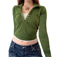 

Women Trendy Crop Tops, Fake Two Pieces Patchwork Shirt-Neck Long Sleeves Camisole for Girls, Green