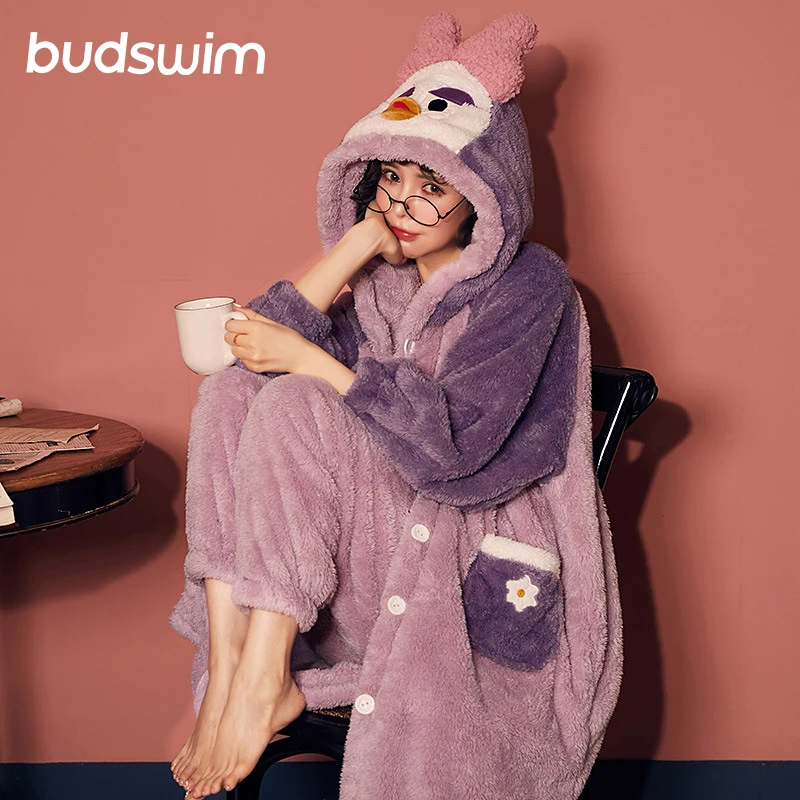 Winter pajamas for Women sleepwear nightwear long robe set thickening coral velvet warm hooded pajamas sets homewear nightgown
