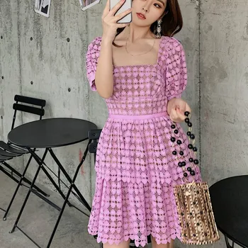 

2020 Spring Summer Holiday Dress Violet Lace Short Puff Sleeve Women Mini Dress 2 Color