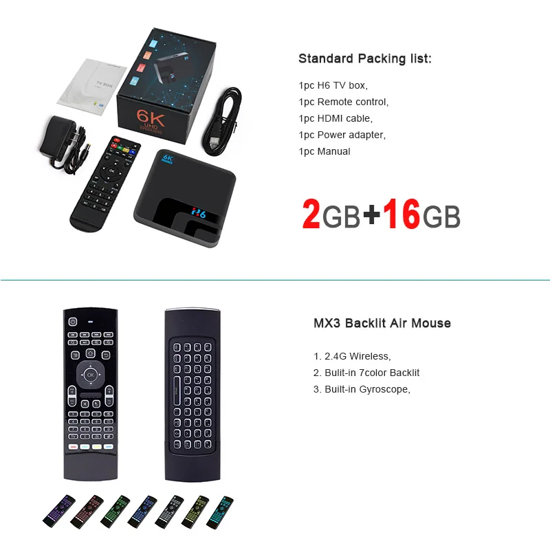 ТВ-бокс H6 Android 9,0 tv Box Allwinner H6 четырехъядерный 2 ГБ/16 ГБ 4 ГБ/32 ГБ телеприставка 6K 3D медиаплеер 2,4G wi-fi-приемник для ТВ - Цвет: 2GB 16GB MX3RGB