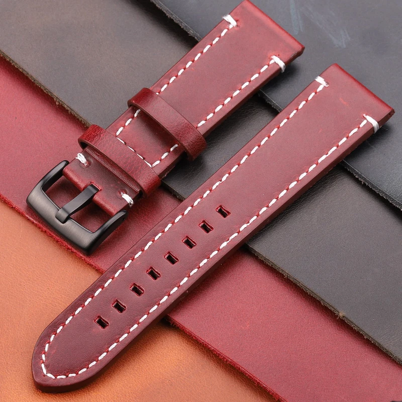 

HENGRC Newest 18mm 20mm 22mm Genuine Leather Watchband Belt Manual Men Thick Brown Black Watch Band Strap Buckle Accessories