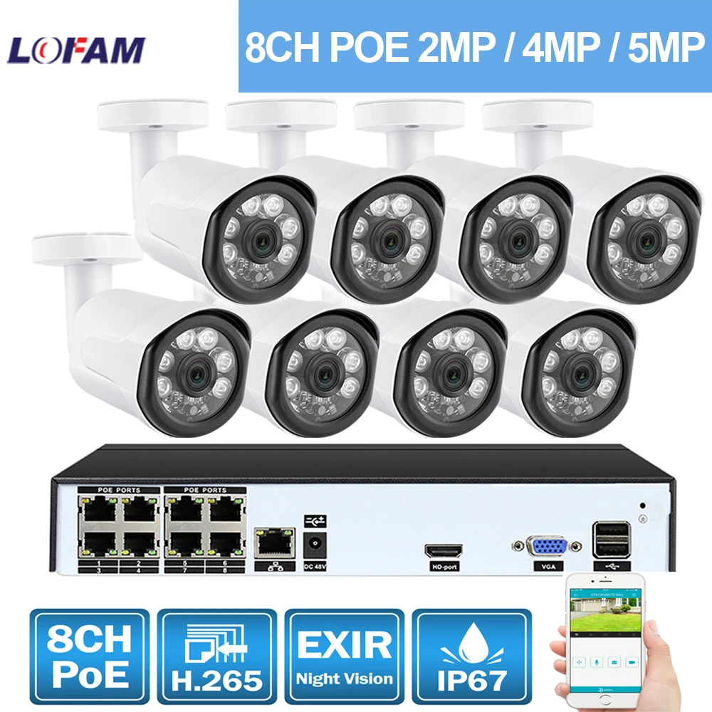 LOFAM H.265 8CH 2MP 4MP 5MP POE NVR комплект системы видеонаблюдения IP камера Инфракрасный наружный водонепроницаемый видео безопасности набор для наблюдения HDMI 1080P