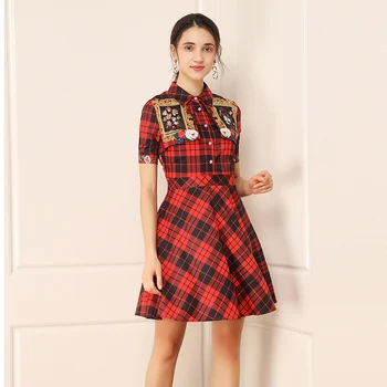 

Xiaomoli 2020 Spring Ladies Dress Short Sleeve Runway Design Plaid Printing Simple Elegant New Dress