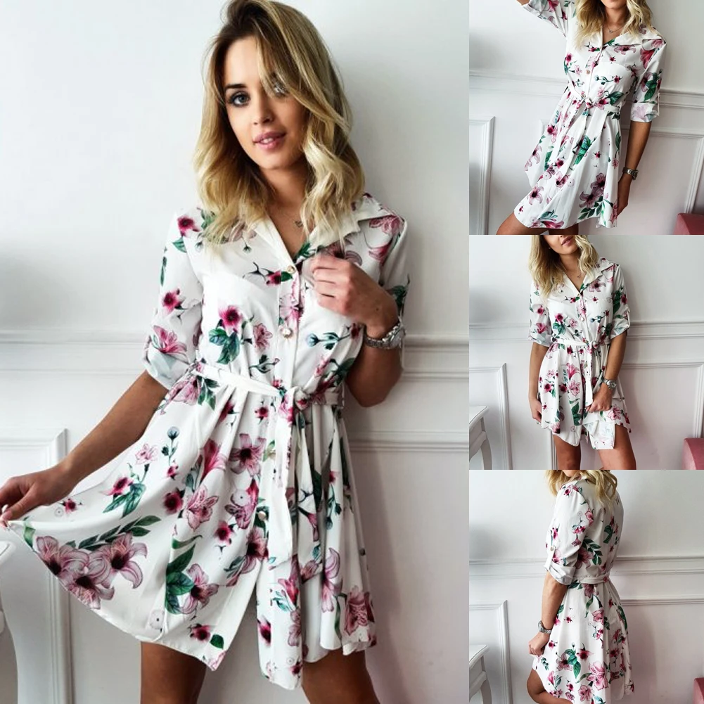 Women Boho Floral Printed Bandage Summer Button Mini Dress Shirt Dress Ladies Wrap Sundress Holiday