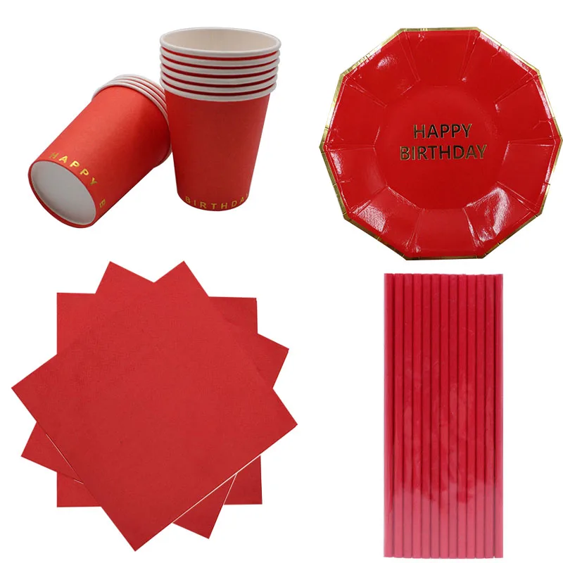 

10pcs Disposable Tableware Set Disposable Paper Plate Straw Cup Red For Baby Shower Happy Birthday Decoration Party Supplies