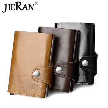 

Anti Rfid Slide Business ID Credit Card Holder Phone Genuine Leather Men Smart Minimalist Wallet Aluminum Metal Cardholder Bag