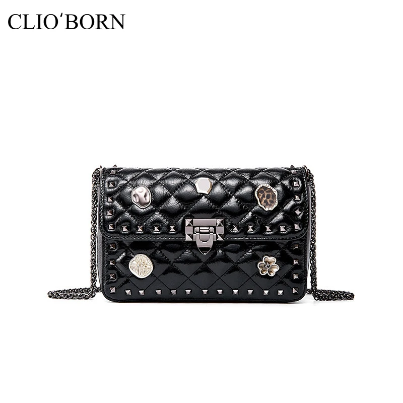 

Fashion Rivet Head Layer Cowhide Diamond Lattice Chain Shoulder Crossbody Bag Simple And Versatile Small Luxury Bag 2020 Women