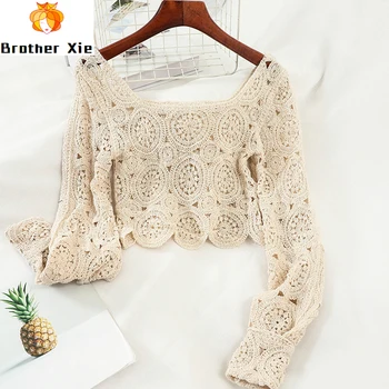 

M245 New Korean Version 2020 Retro Square Collar Sexy Hollow Thin Long Sleeve Top with Short Shirt Fashion