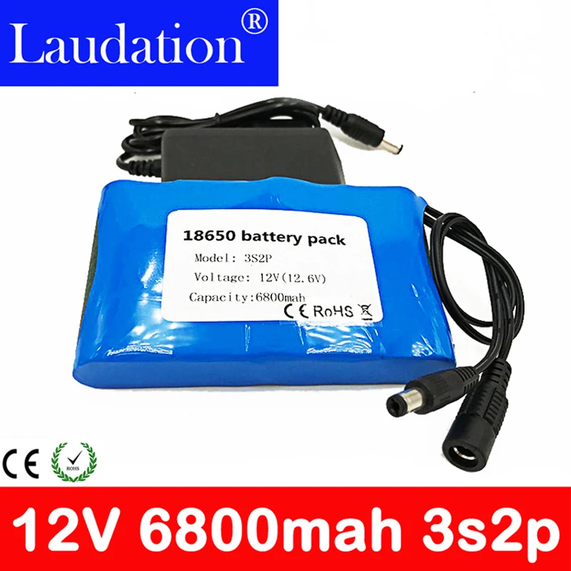 

3S DC 11.1V 6.8Ah 12.6V 6800mAh 12V Portable Rechargeable Lithium Battery CCTV Monitor Hunting Flashlight With charger Laudation