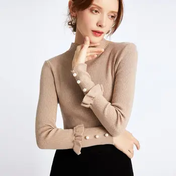 

Beading Sweaters Women 2019 Fall Winter New Pullovers Female Stretch Knitting Shirts Long Sleeve Slim Tops Bottoming Shirts