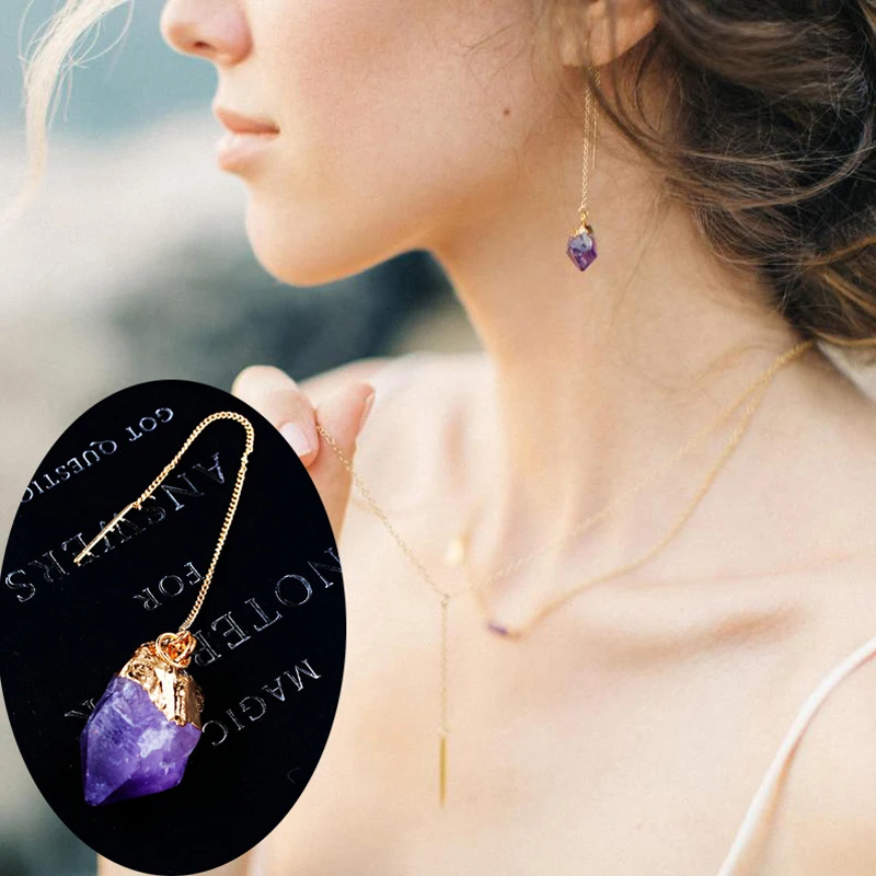 

Amethysts Threader Earrings Bohemian Nature Stone Earrings Purple Crystal Long Gold Chain Dangle Earrings for Women