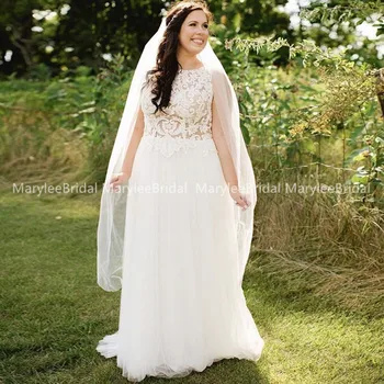 

Jewel Neck Nude Tulle White Appliques Wedding Dress Boho See Through Sweep Train Beach Bridal Dress Robe De Mariee Customize