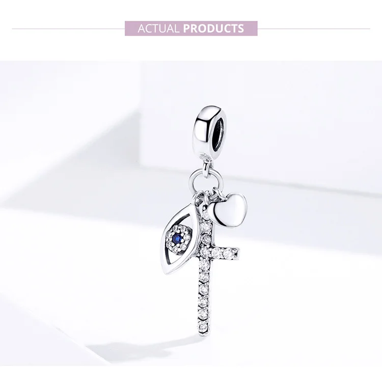 Lucky 925 Sterling Silver Guardian Eyes Beads Blue Eyes& Cross Zircon Charms fit Women Bracelets Silver 925 Jewelry ECC1327