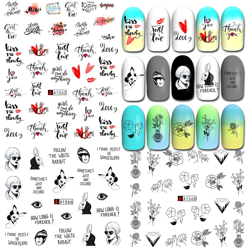 12pcs/set Nail Art Slider Transfer water Decals Black Geometric Letters Sticker Letter Water sexy girl Summer | Красота и здоровье