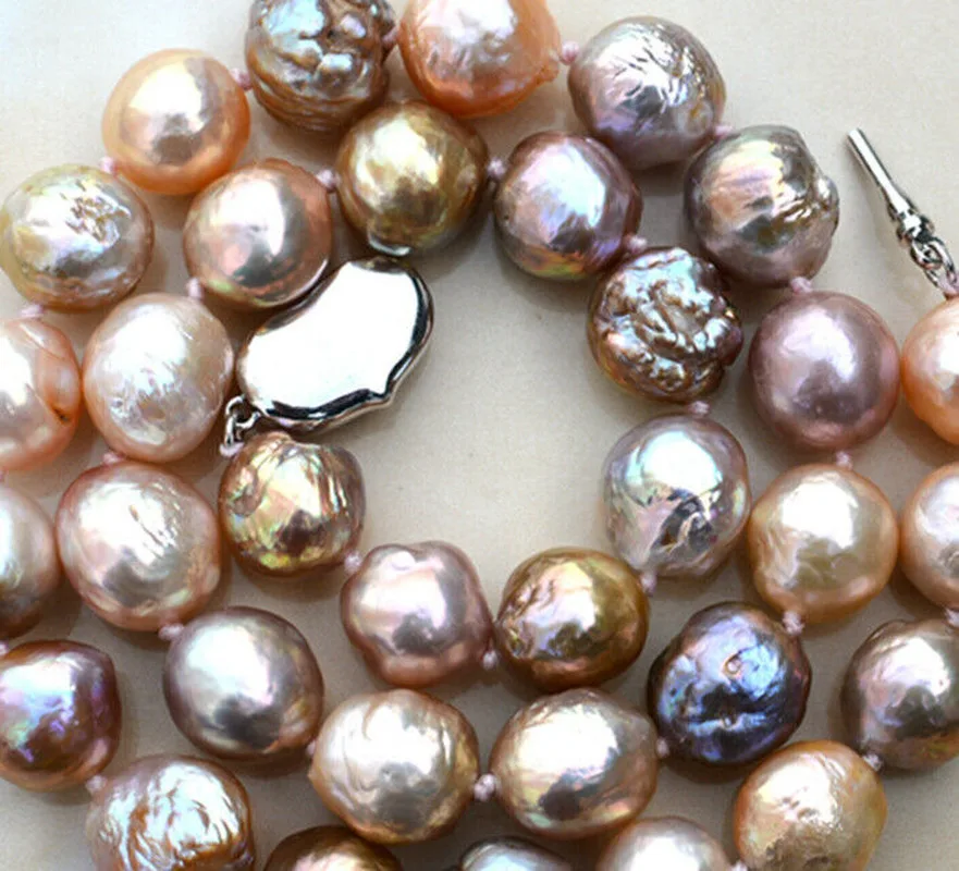 

Natural 12-13mm Pink purple Reborn Baroque Edison Pearl Knot Necklace 18" A 925