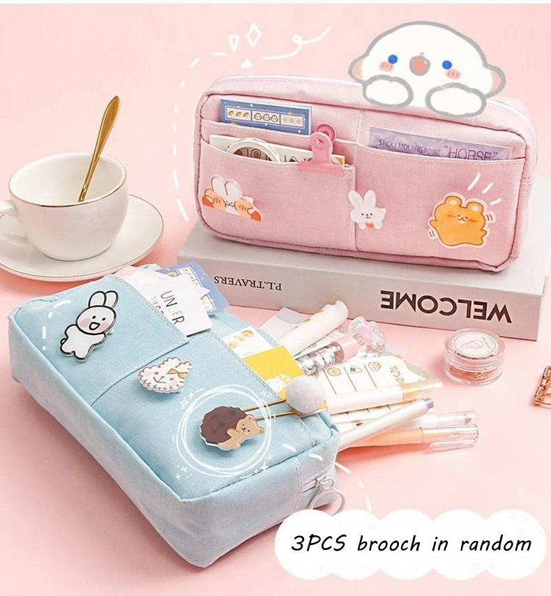 Kawaii Purple Canvas Pencil Case Cute Animal Badge Pink Pencilcases Large School Pencil Bags for Maiden Girl Stationery Supplies