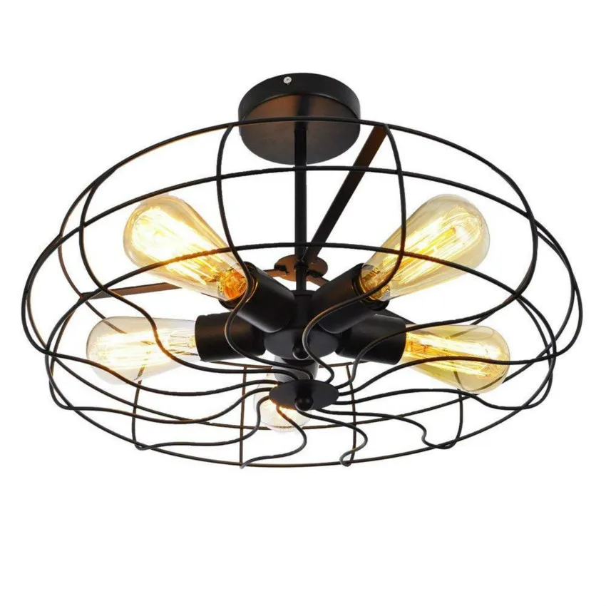 

Retro Industrial Fan Iron Chandelier Semi-embedded Ceiling Chandelier Retro 5 Head Light Fixture Black Chandelier Modern