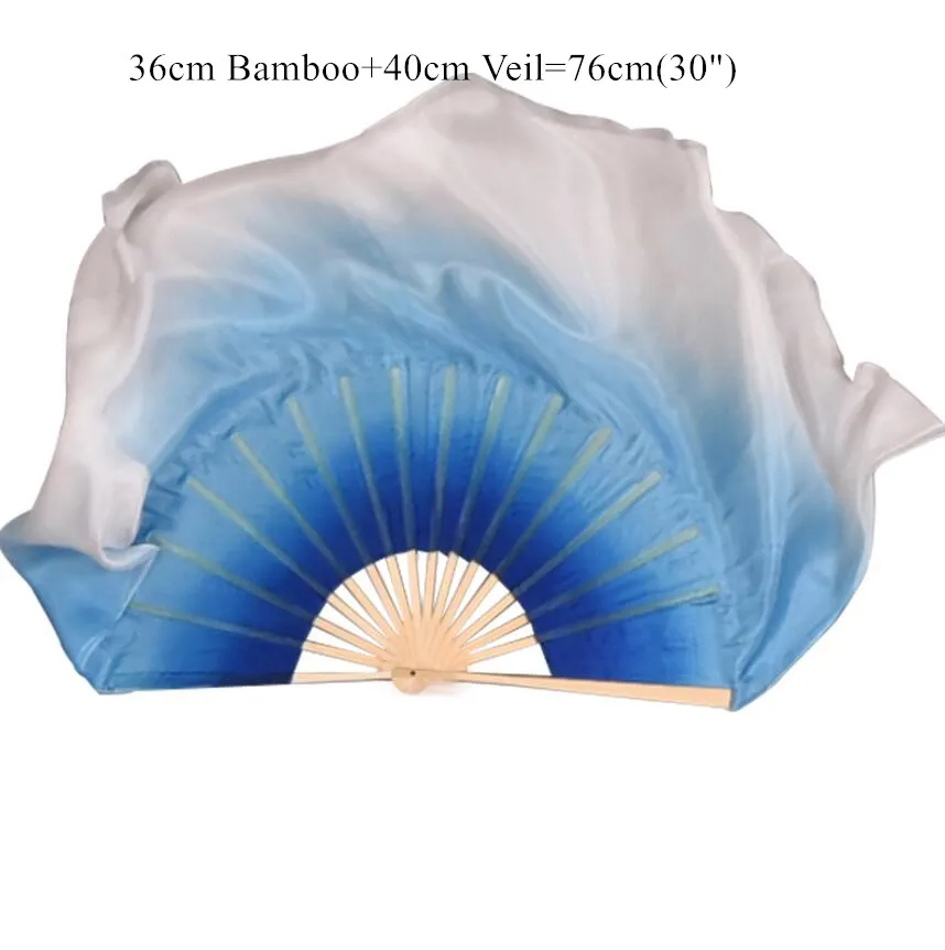 36cm 40cm veil Китайский бамбуковый вентилятор 20 дюймов настоящий шелк Yangko танцевальный веер Королевский Синий Бирюзовый белый градиент танцевальный веер пары(L+ R - Цвет: 36cm 40cm veil