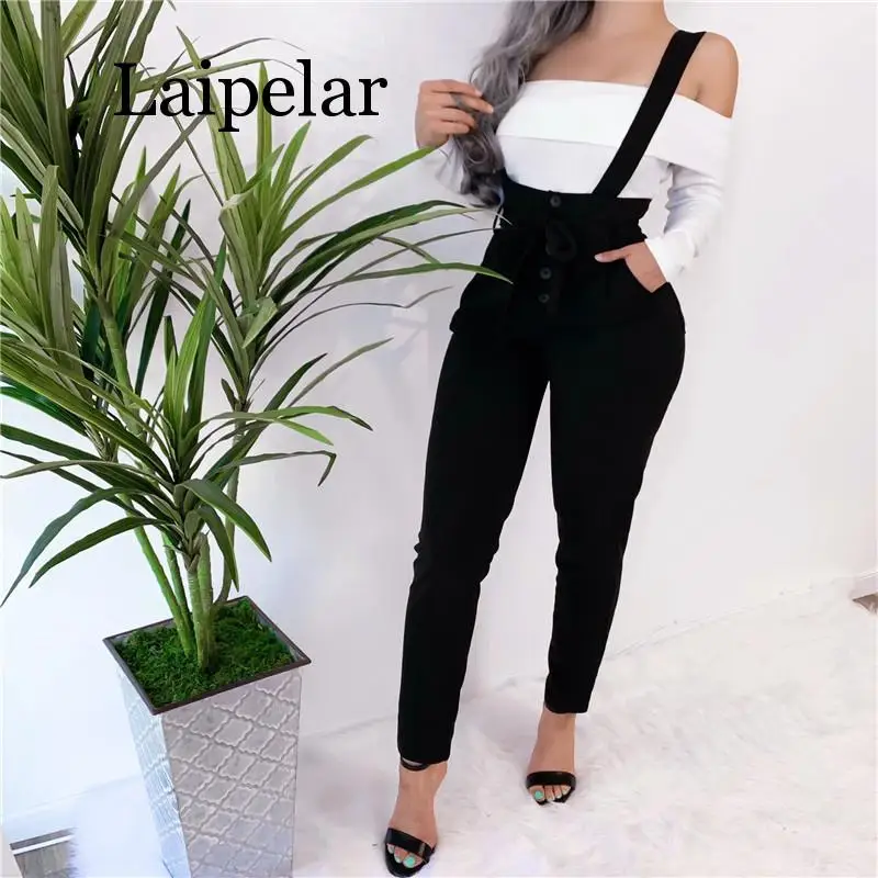 

2020 Slim Hips High Waist Halter Overalls Fashion Solid Color Patchwork Button Pocket Decor Sashes Bandage Women Pants