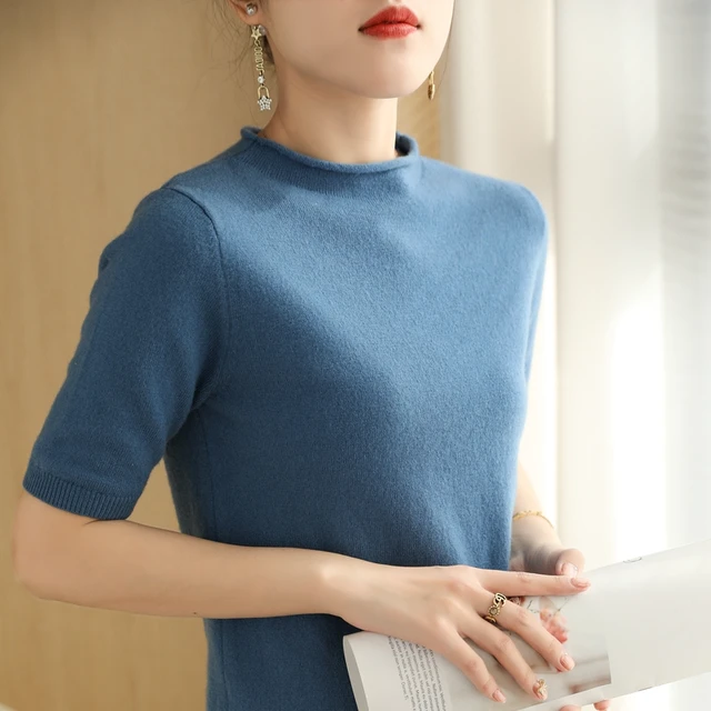 New women's cashmere sweater short sleeve Pullover short sleeve summer wool T-shirt short sleeve Haze blue