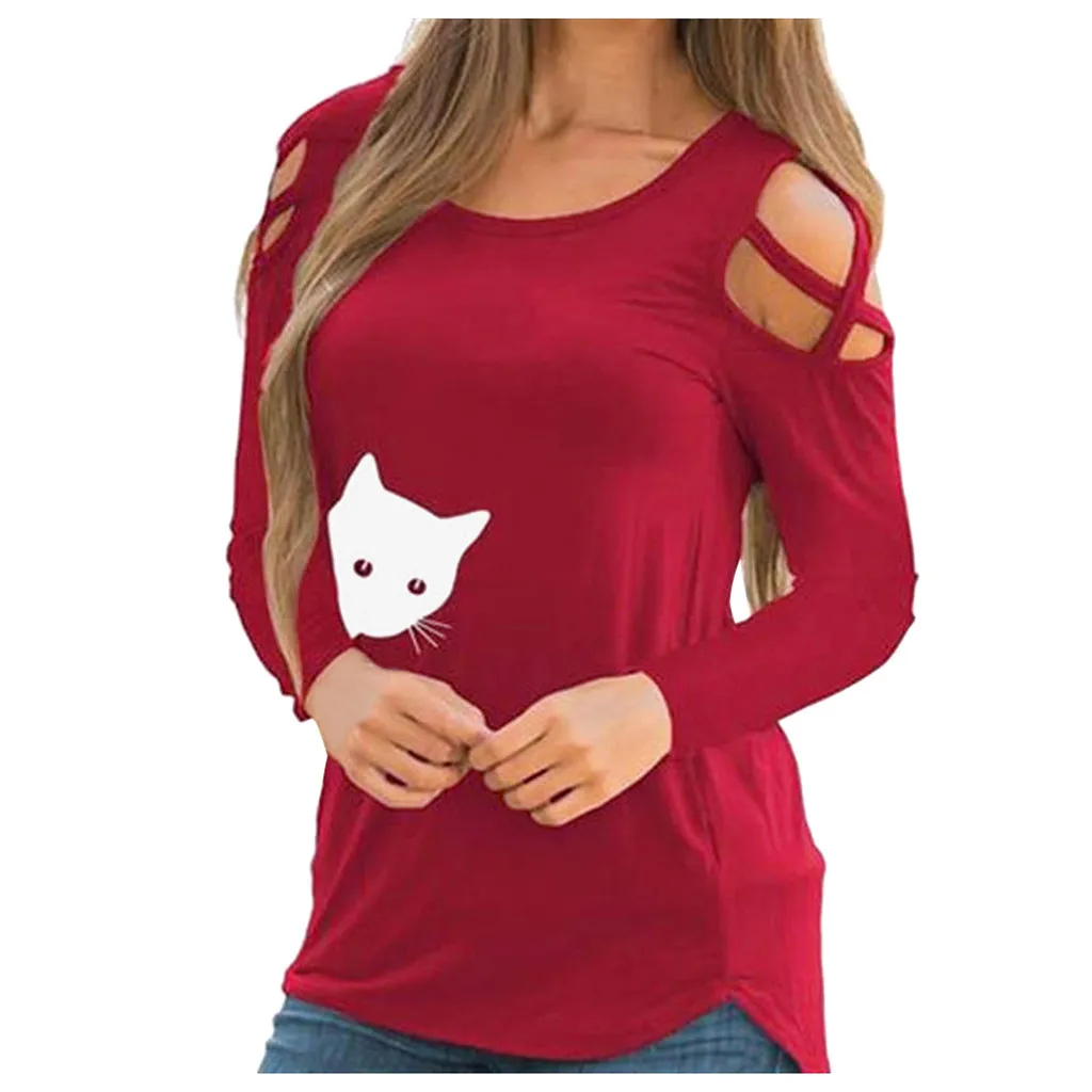 

2020 Spring Off Shouler T-shirt Women Cute Cartoon Cat Printed Hollow Out Long Sleeve Slim Tee Shirt Femme Women T Shirt