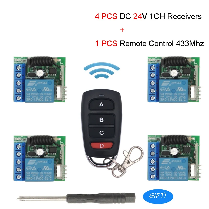 

433Mhz Universal RF Wireless Remote Control Switch DC 24V 1CH Relay Receiver Module 1Transitter 4receiver Car Light Lamp LED DIY