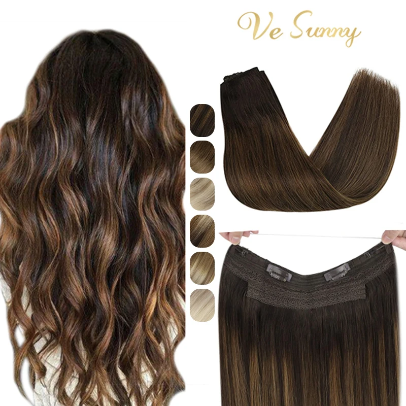 VeSunny línea de pescado de Halo extensiones de cabello humano Real de una pieza de hilo Invisible de la trama del pelo con dos Clips hecha a máquina del pelo Remy