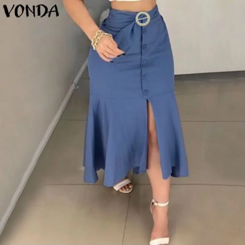 Однотонные облегающие джинсовые юбки VONDA с пуговицами, Женская Повседневная узкая юбка размера плюс на молнии сзади, летняя женская модная простая джинсовая юбка - Цвет: Blue
