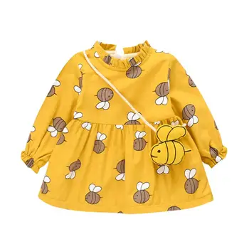 

Infant Baby Girls Long Sleeve Bee Print Princess Thicken Fashion Dress+Bag Outfits Sets Kids Cute Cartoon Autumn Winter Dress