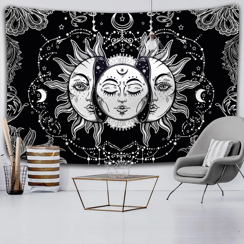 Psychedelic Tapestry Wall-Carpets Dorm-Decor Witchcraft Sun-Moon Black White