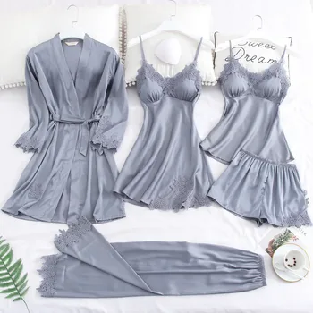 

Women's 5 Pieces Women's Robe & Gown Sets Bathrobe + Night Dress Sleepwear Lace Sexy Stain Faux Silk Femme Dressing homewear NEW
