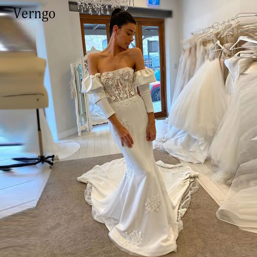 

Verngo Mermaid Wedding Dress With Removable Long Sleeves Lace 3D Flowers Strapless Sexy Bridal Gowns For Bride Robe de mariee