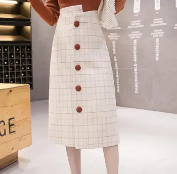 

Autumn Winter Spring Women Woolen Plaid Skirt female Fashion High Waist single breasted Lattice Retro Pencil skirt S-XL r2284
