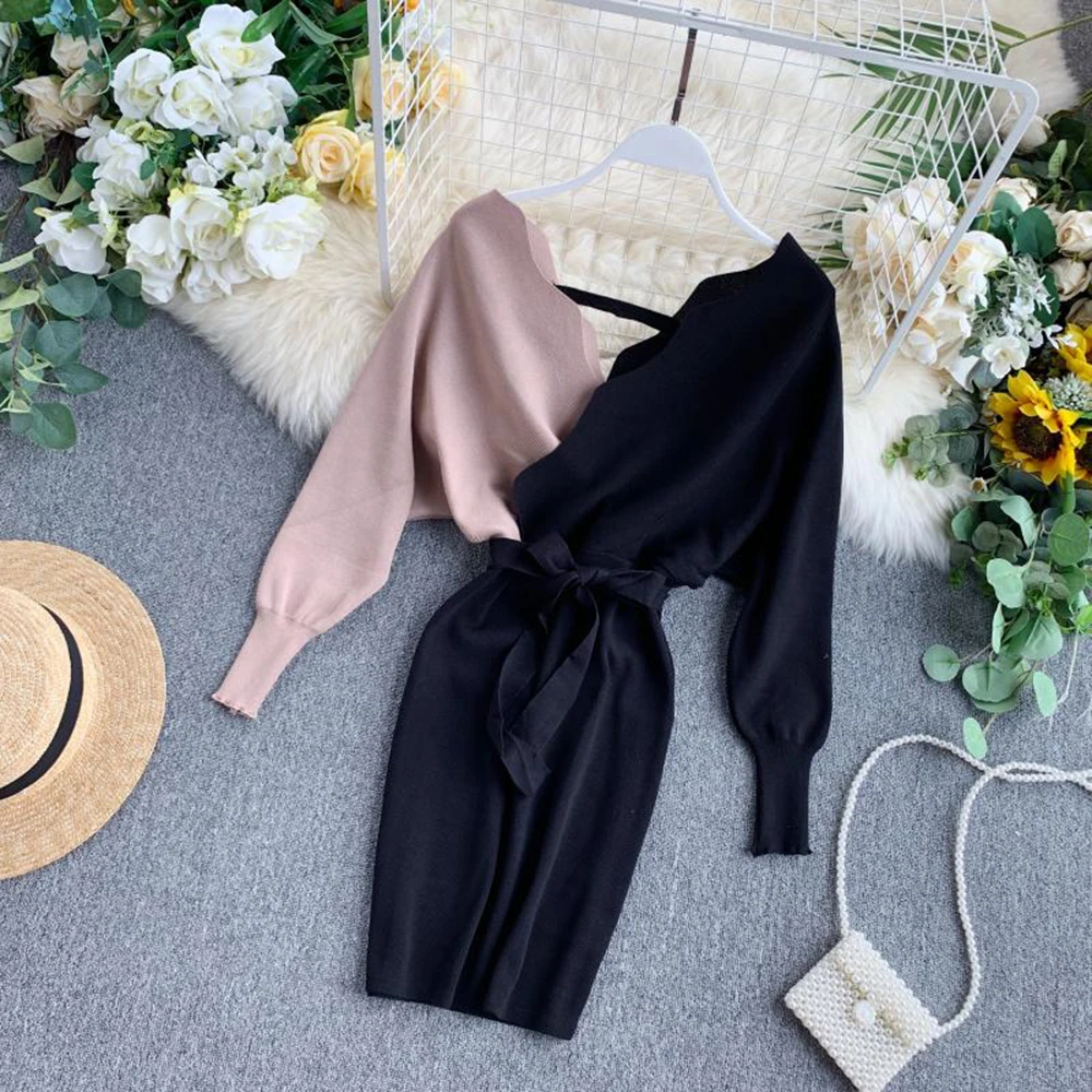 Fashion Ladies Office Knitted Bodycon Mini Dress Femme Autumn Winter Vestidos Sexy Women Solid V-Neck Long Sleeve Pencil Dresses | Женская