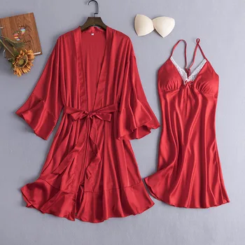 

Silky Women 2PCS Nighty&Robe Set Sleepwear Sexy Lace Patchwork Homewear Nightdress Satin Home Dressing Gown Bride Wedding Robe