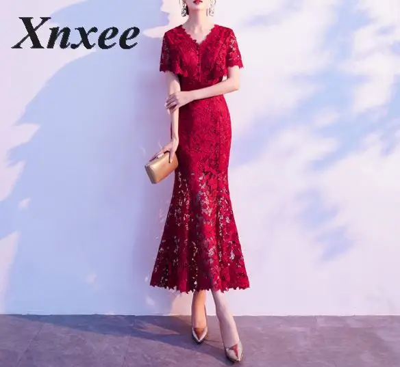 Xnxee сексуальное однотонное Красное Кружевное длинное платье с длинным рукавом, женские зимние платья, новинка, Vestidos, модное вечернее платье, Vestiod