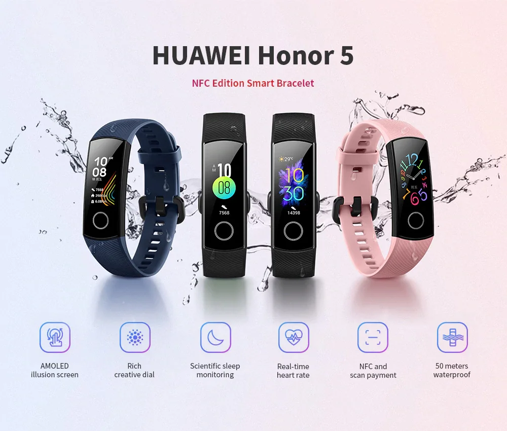 HUAWEI Honor Band5 NFC Edition смарт-браслет AMOLED экран Мониторинг сна 50 метров водонепроницаемый Honor band 5