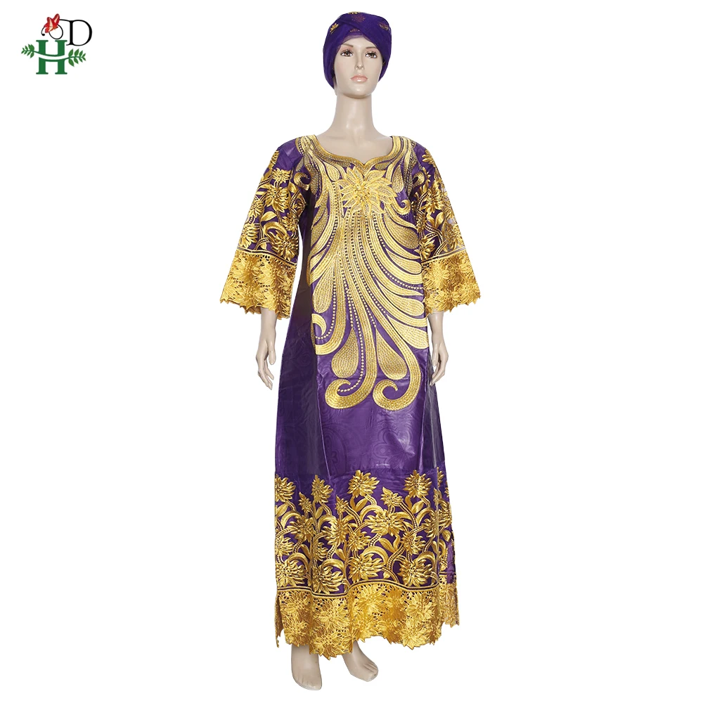 

H&D Bazin Riche Dashiki Dress Women Embroidery Flowers Lace Dresses Boubou African Dress Headtie Two Piece Set Wedding Clothes