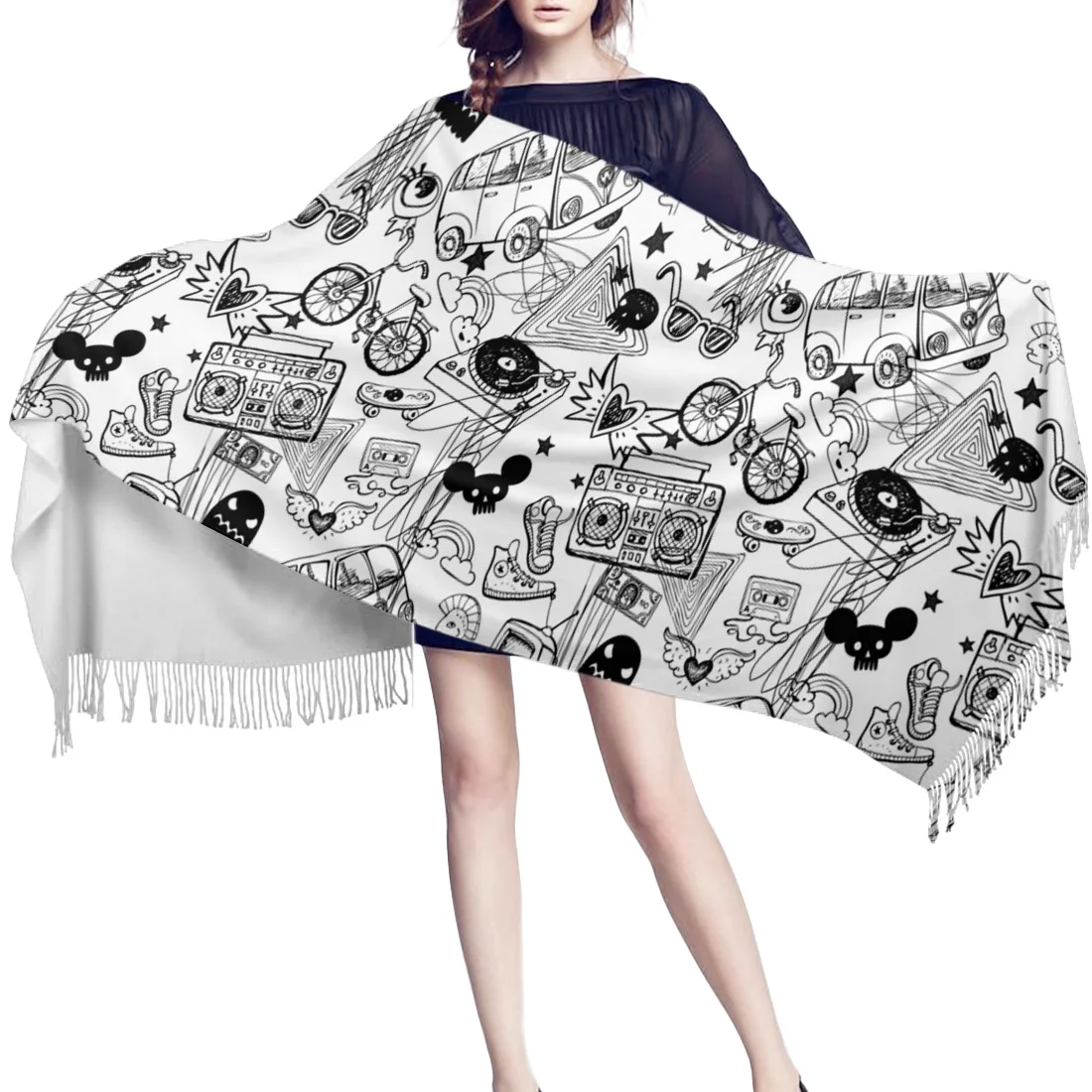 Spring Winter Women Scarf White Cartoon Doodling Warm Cashmere Scarves Shawls Neck Bandana Pashmina Lady Wrap |